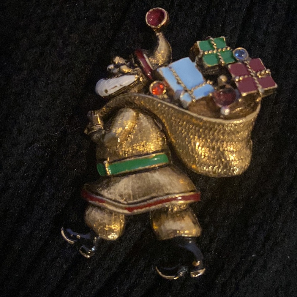 VINTAGE WOMEN’S GOLD SANTA CLAUS W/ BAG OF CHRISTMAS GIFTS - Picture 6 of 8